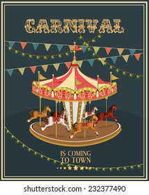 Carnival poster with merry-go-round in vintage style. Carousel with horses.