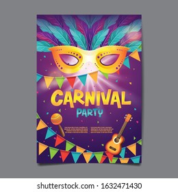 Carnival Poster , Popular Event in Brazil, Mask Festival, Colorful Party Elements ,Carnaval, Travel destination. Brazilian , Graphic Design, Typography, vector illustration