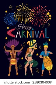 Carnival poster, postcard with samba dancer, drummer and fireworks. Brazilian street carnival. Mardi Gras decoration elements. Vector illustration