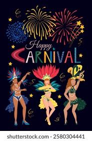 Carnival poster, postcard with samba dancers and fireworks. Brazilian street carnival. Mardi Gras decoration elements. Vector illustration