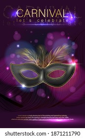 Carnival poster with realistic mask. A luxurious mask with feathers. Banner for the carnival. Venice Carnival. Vector illustration