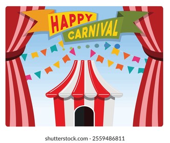 Carnival poster with a red and white striped tent. Striped curtain decoration and colorful flags. Carnival party concept. Flat vector illustration. 