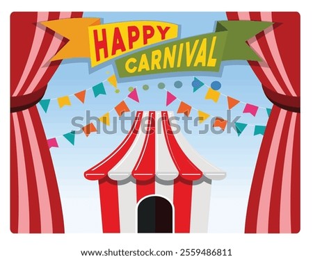 Carnival poster with a red and white striped tent. Striped curtain decoration and colorful flags. Carnival party concept. Flat vector illustration. 