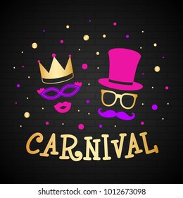 Carnival - poster in retro style with funny icons. Vector.
