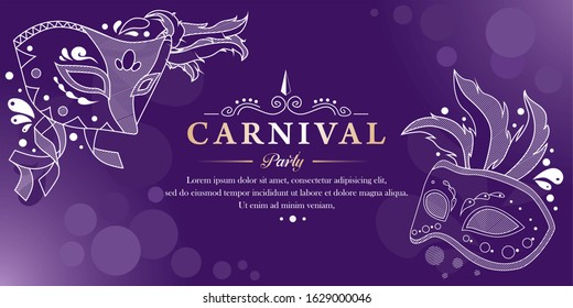 Carnival poster with simple handraw  mask illustration, on purple elegant background