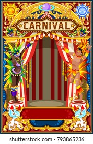 Carnival poster template. Circus vintage theme for kids birthday party invitation or post. Quality vector illustration.