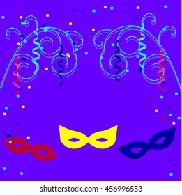 Carnival poster template with decorative branches, masks and confetti, streamers, on a blue background