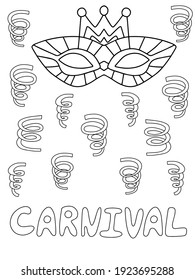 Carnival poster with venetian mask and serpentines stock vector illustration. Funny festival elements vertical black outline isolated on white. Hand drawn carnival coloring page for kids and adults