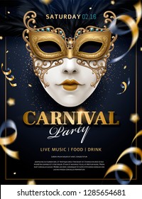 Carnival poster with white mask and streamers in 3d illustration, glitter on blue background