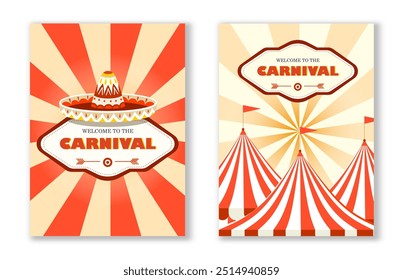 Carnival posters set. Red and white striped tents with red flags. Entertainment, fun and leisure. Holiday and festival, celebration. Flat vector collection isolated on white background