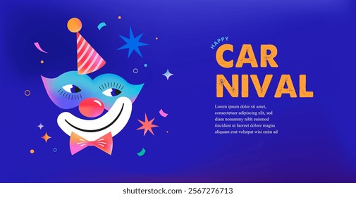 Carnival, Purim and circus banner background with colorful clown mask. Vector illustration.