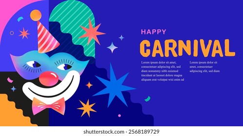 Carnival, Purim and circus banner background with colorful clown mask. Vector illustration.