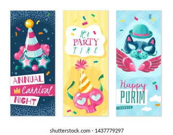 Carnival purim with masquerade masks and holiday attributes vertical banners set on white background. Vector illustration 