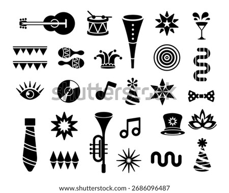 Carnival and purim Simple Icon Elements Set. Black and White Musical instruments, holiday toys, traditional props, geometric forms, masks, sparkles on white background. Modern style design.