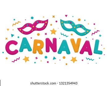 Carnival purple, blue and yellow text with decorated masks. Venetian carnival, Mardi Gras, Brazil carnaval. Popular event in Brazil. Carnaval title with colorful party elements. Vector illustration