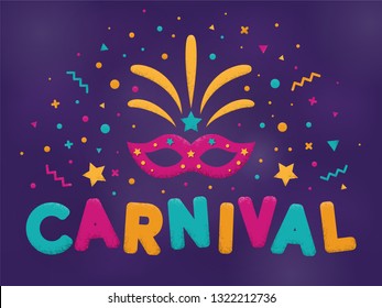 Carnival purple, blue and yellow text with masquerade mask. Venetian carnival, Mardi Gras, Brazil carnaval. Popular Event in Brazil. Carnaval title with colorful party elements. Vector illustration