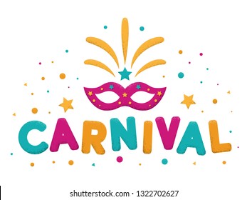 Carnival purple, blue and yellow text with mask and firework. Venetian carnival, Mardi Gras, Brazil carnaval. Popular Event in Brazil. Carnaval title with colorful party elements. Vector illustration