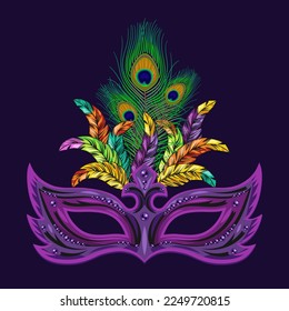 Carnival purple mask decorated with beads, bundle of colorful feathers. Detailed illustration in vintage style