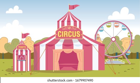 Carnival Red White Striped Circus Performance Tent and Ticket Cashier Kiosk Booth in Amusement Park. Ferris Observation Wheel Attraction. Travelling Show and Funfair. Vector Illustration