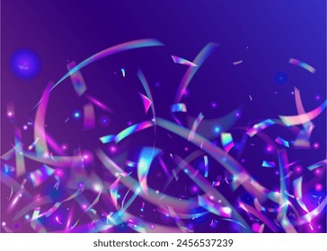 Carnival Ribbon. Rainbow Tinsel. Color Effect. Unicorn Paper. Disco Confetti. Purple Light Glitter. Art Holographic Explosion. Retro Template. Blue Carnival Ribbon