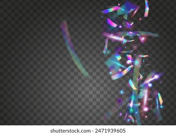 Carnival Ribbon. Surprise Banner. Laser Holographic Illustration. Rainbow Tinsel. Pink Light Confetti. Glare Concept. 3d Effect. Birthday Burst. Blue Carnival Ribbon