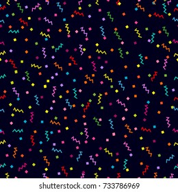 Carnival ribbons. Abstract dark background with colorful geometric shapes. Seamless vector pattern for textile design, cards and web design.