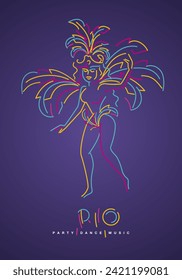 Carnival Rio 2024 handwritten typography colorful logo party girl samba dancer music carnival elements isolated on purple background poster