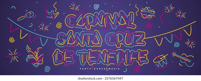 Carnival Santa Cruz de Tenerife 2025 new handwriten line design typography party dance music elements. Mask drums rattles guitar fanfare crown tiara flags ribbons sparkle firework confetti on purple b