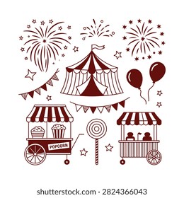 Carnival Scene With Tent Carts And Fireworks Line Art Illustration