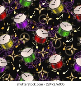 Karneval nahtlose bunte Muster mit Schlagzeug, Musiknoten, Sternen, funkelnden Halbtonformen. Umrissmasken dahinter. Detaillierte Vintage-Illustration für Drucke, Bekleidung, Kleidung, Oberflächendesign