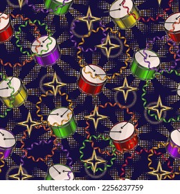 Carnival seamless colorful pattern with drums, stars, halftone shapes, serpentine, ribbons. Detailed vintage illustration for prints, apparel, clothing, surface design