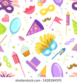 Carnival Seamless Pattern with Celebration Party Objects, Design Element Can Be Used for Fabric, Wallpaper, Packaging Vector Illustration