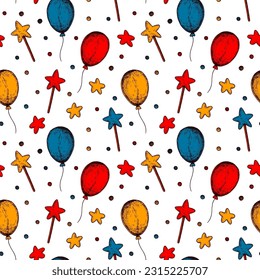 Carnival seamless pattern. Colorful hand drawn background in sketch style. Birthday celebration design. Vector illustration. Design for holiday event, invitation, greeting card