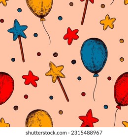 Carnival seamless pattern. Colorful hand drawn background in sketch style. Birthday celebration design. Vector illustration. Design for holiday event, invitation, greeting card
