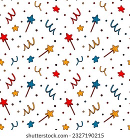 Carnival seamless pattern. Colorful hand drawn background in sketch style. Birthday celebration design. Vector illustration. Design for holiday event, invitation, greeting card