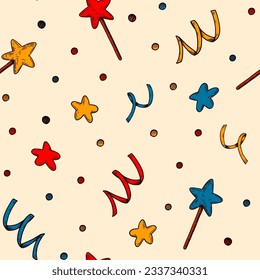 Carnival seamless pattern. Colorful hand drawn background in sketch style. Birthday celebration design. Vector illustration. Design for holiday event, invitation, greeting card