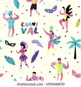 Carnival Seamless Pattern with Dancing Character People. Masqeurade Party Background with Masks and Festive Symbols for Fabric, Wallpaper. Vector illustration