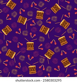 Carnival seamless pattern with drums, maracas and fireworks on a purple background. Mardi Gras decoration elements. Vector illustration