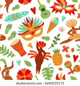 Carnival seamless pattern. Festive people, brazil festival girls. Brazilian dancers in bikini and feathers. Beach party vector background