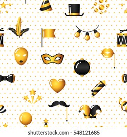 Carnival seamless pattern with gold icons and objects. Celebration party background.
