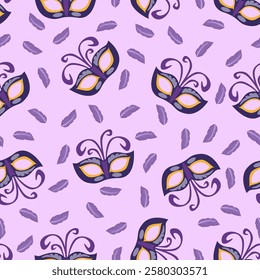 Carnival seamless pattern with lilac masks and feathers. Mardi Gras decoration elements. Vector illustration