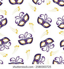 Carnival seamless pattern with lilac masks and yellow stars. Mardi Gras decoration elements. Vector illustration