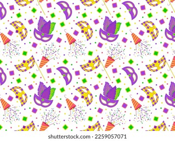 Carnival seamless pattern, Mardi Gras. Colorful pattern with Masquerade Masks, Confetti and feathers on a white background. Vector illustration.