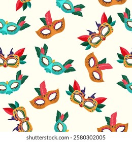 Carnival seamless pattern with masks on a light background.Part of a carnival costume at the Mardi Gras carnival. Vector illustration