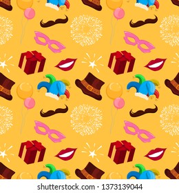 Carnival seamless pattern in Memphis style. Vector background with carnival symbols.