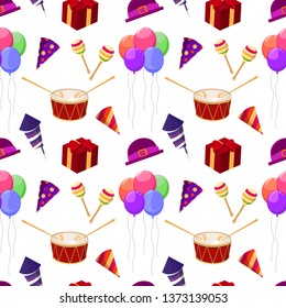 Carnival seamless pattern in Memphis style. Vector background with carnival symbols.