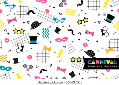 Carnival seamless pattern in Memphis style. Vector background with carnival symbols& geometric ornaments in the style of 80-90. 