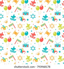 Carnival seamless pattern. Purim repetitive texture. Holiday, masquerade, festival, birthday party. Endless background, backdrop, wallpaper, paper. Vector illustration