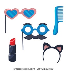 carnival set, cat ears, lipstick and glasses, hand drawn vector illustration