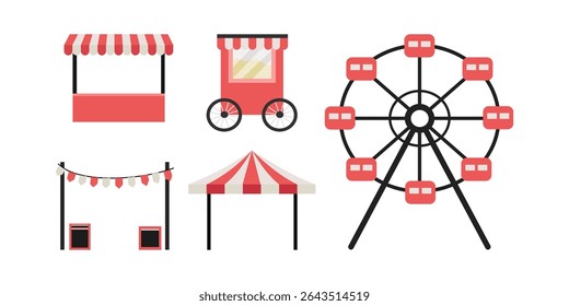 Carnival set clip art. Amusement set object. Food stand. Ferris wheel. 